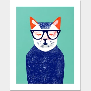 London Hipster Cat Retro Poster Vintage Art Hipster Wall Turquoise Blue Illustration Posters and Art